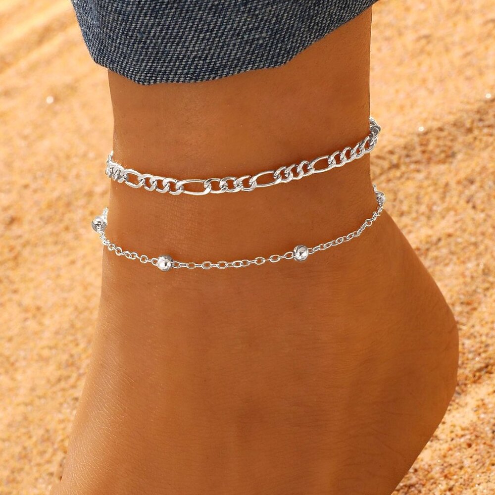 3/$35 Stainless Steel Anklet Set with Chain and Beads Boho Beach Jewelry Women